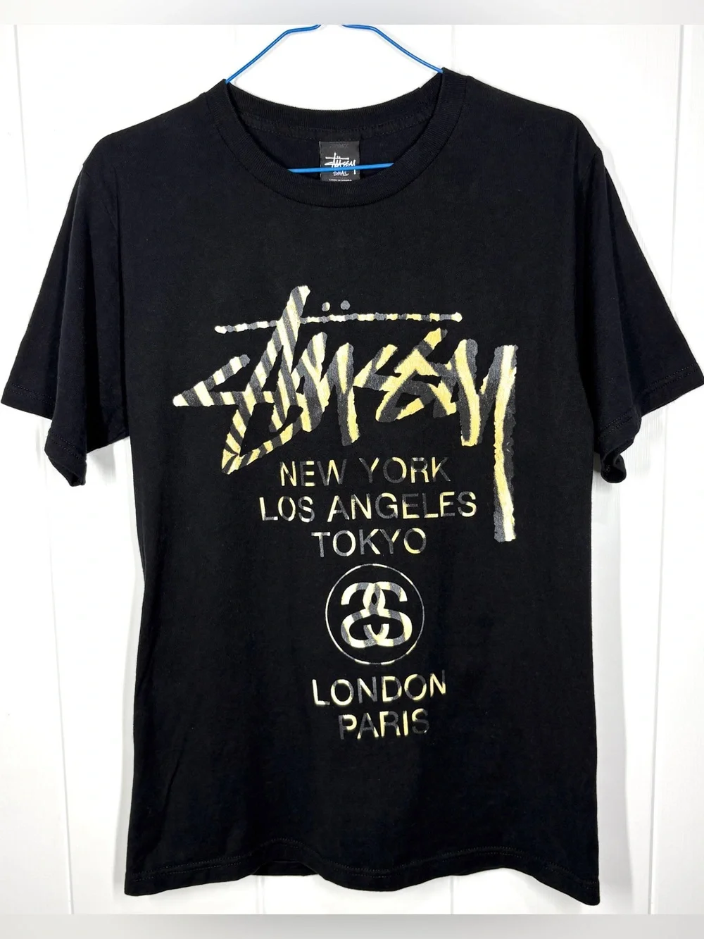 Stussy Men’s Black World Wide Wildlife Crew T-Shirt Size Small Black Yellow - Picture 1 of 8